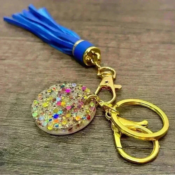 Gold Tone Keychain with Hand Crafted Sparkles Amulet and Blue Tassel - Picture 2 of 2